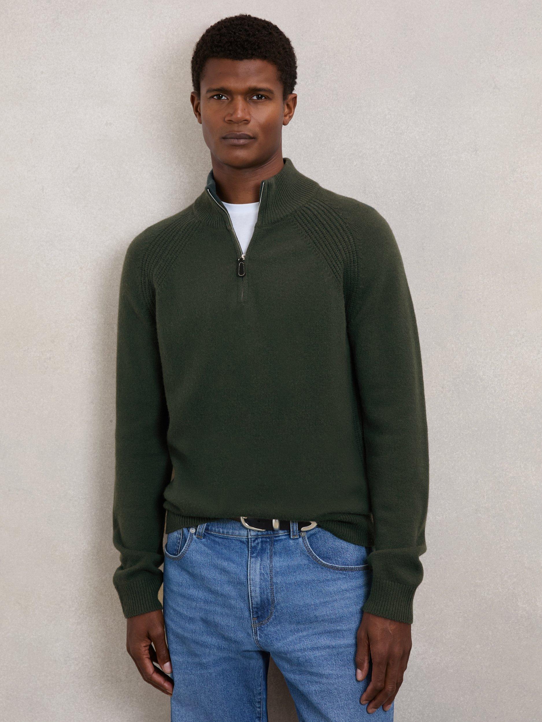 Product image 1 of 5, which shows Reiss Charming Wool Rich Zip Neck Jumper, Forest Green, XS