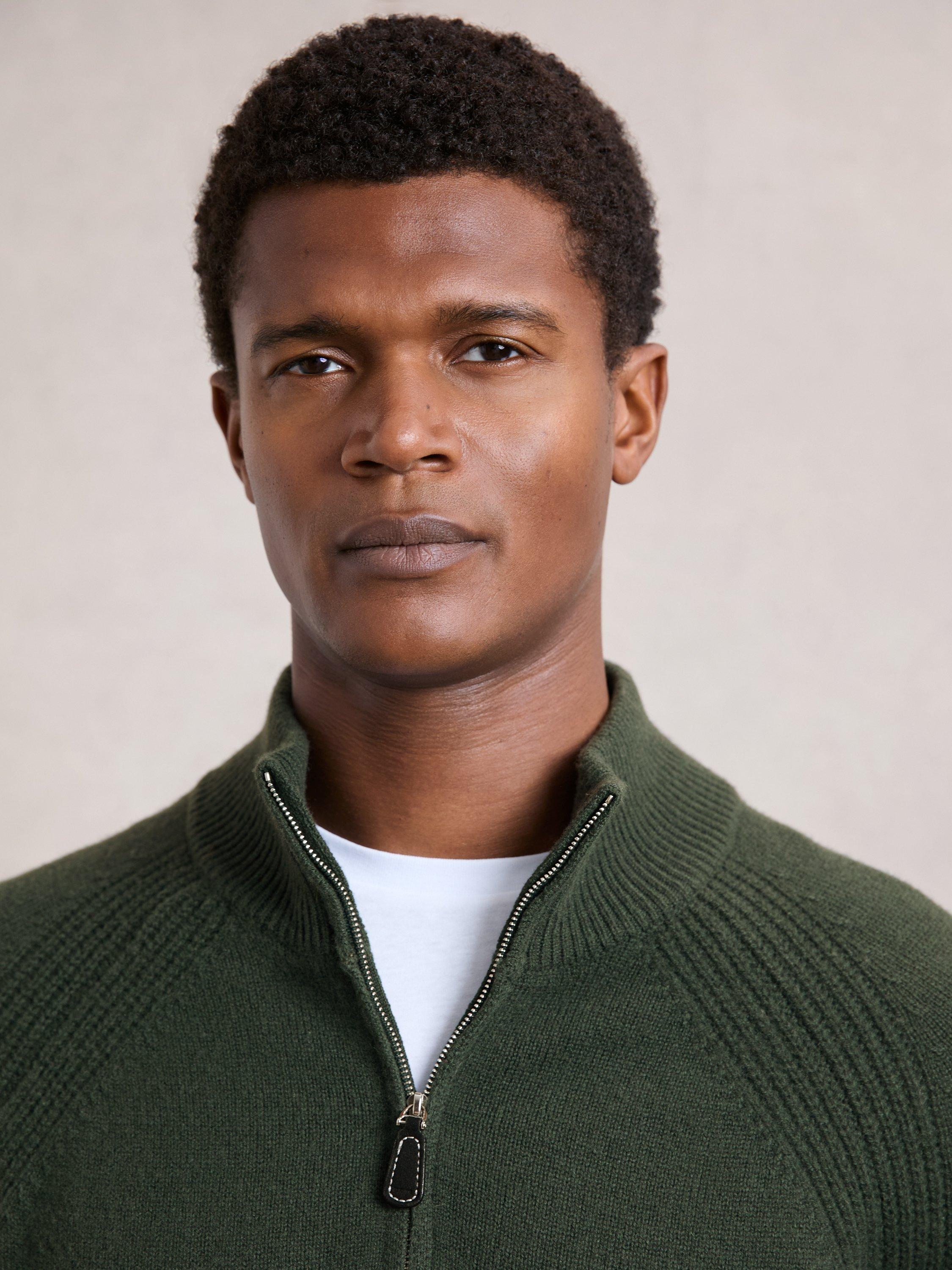 Product image 2 of 5, which shows Reiss Charming Wool Rich Zip Neck Jumper, Forest Green, XS