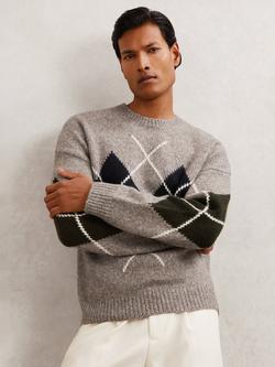 Reiss Cooke Argyle Patterned Jumper, Oatmeal, Oatmeal