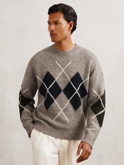 Reiss Cooke Argyle Patterned Jumper, Oatmeal - view 2, Oatmeal