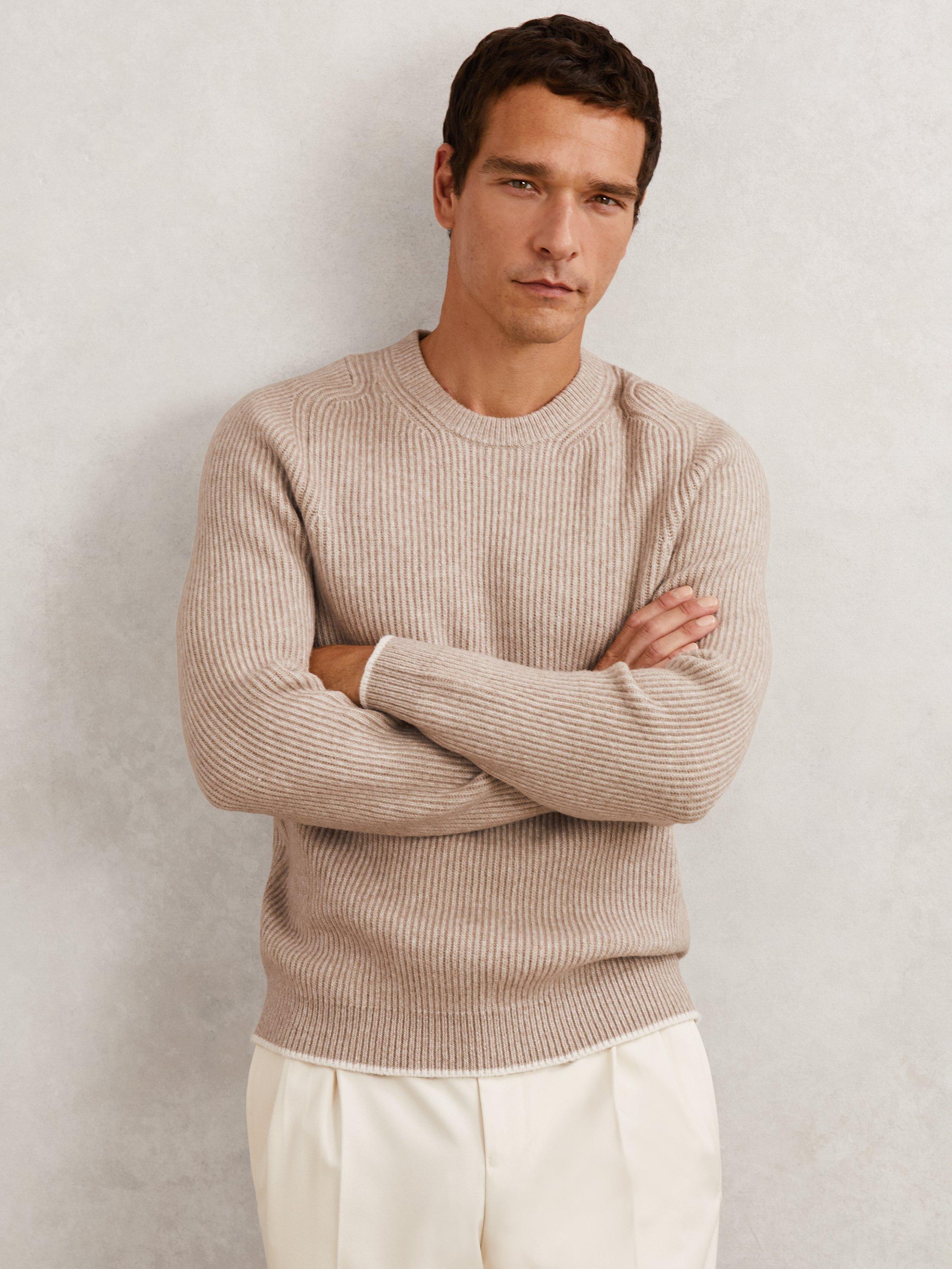 Product image 1 of 5, which shows Reiss Crammond Ribbed Jumper, Oatmeal Brown, S