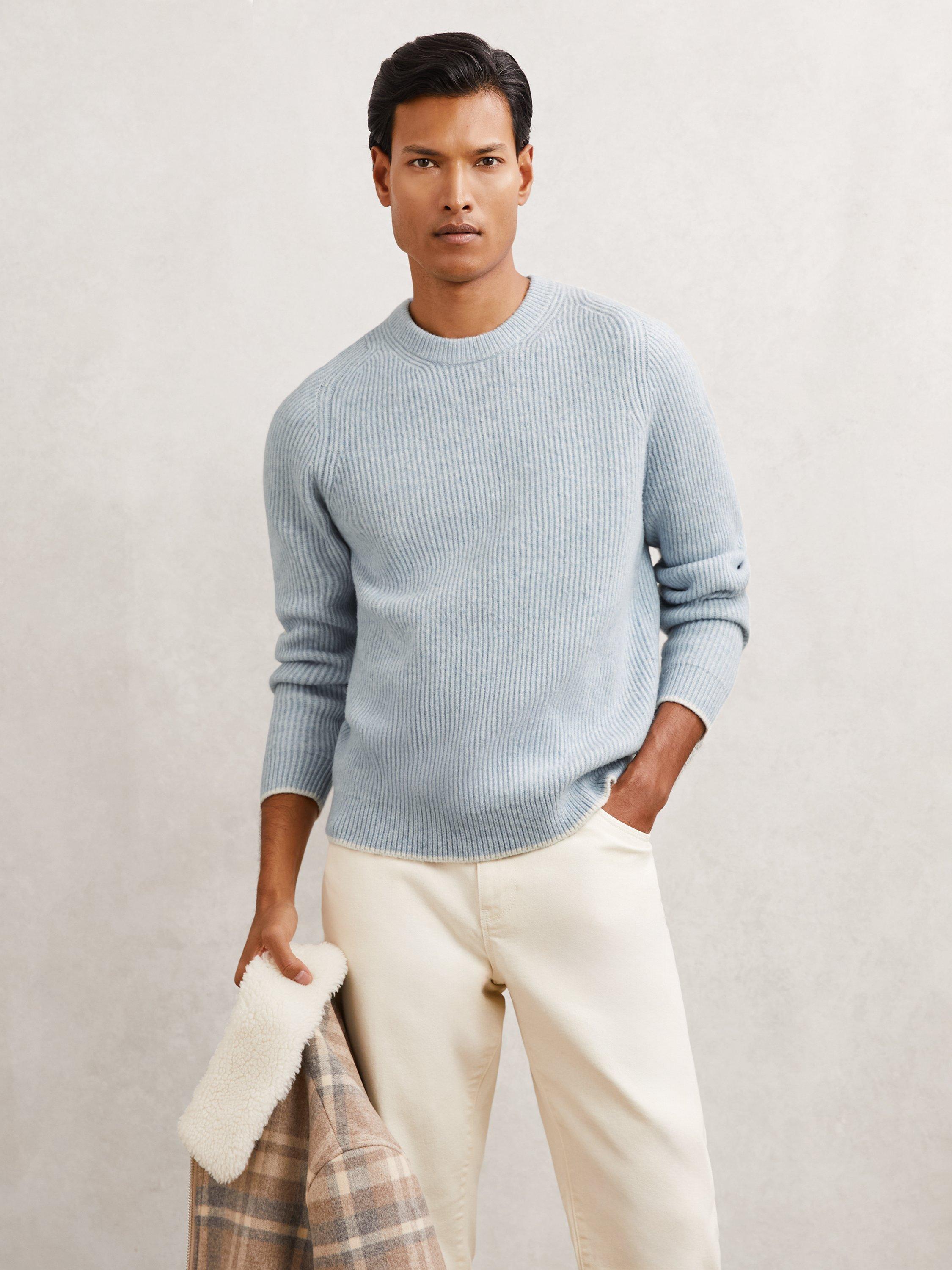 Product image 1 of 5, which shows Reiss Crammond Ribbed Jumper, Soft Blue, S