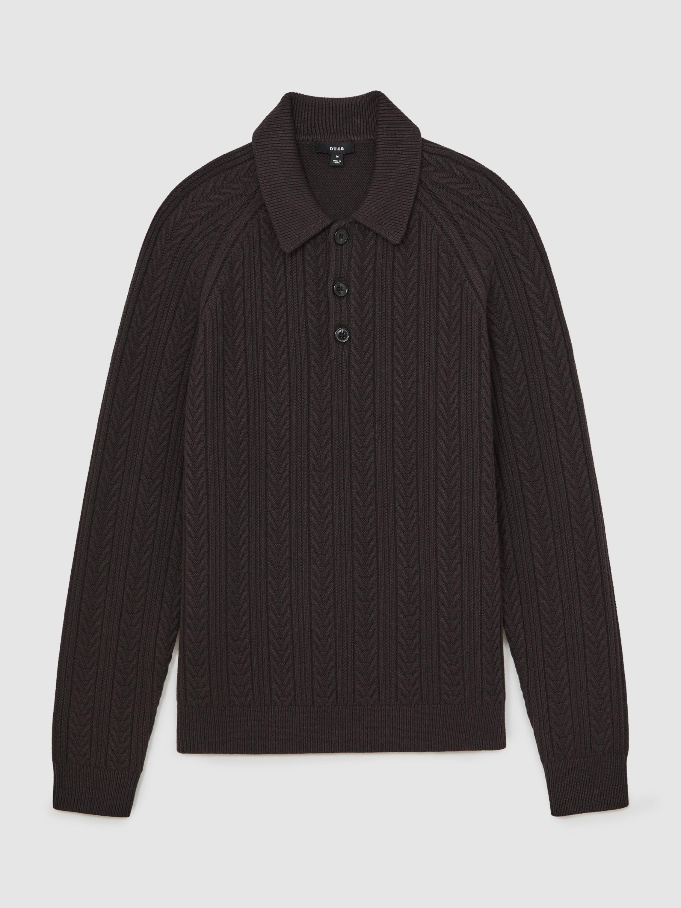 Product image 3 of 5, which shows Reiss Evesham Knit Polo Jumper, Chocolate Brown, M