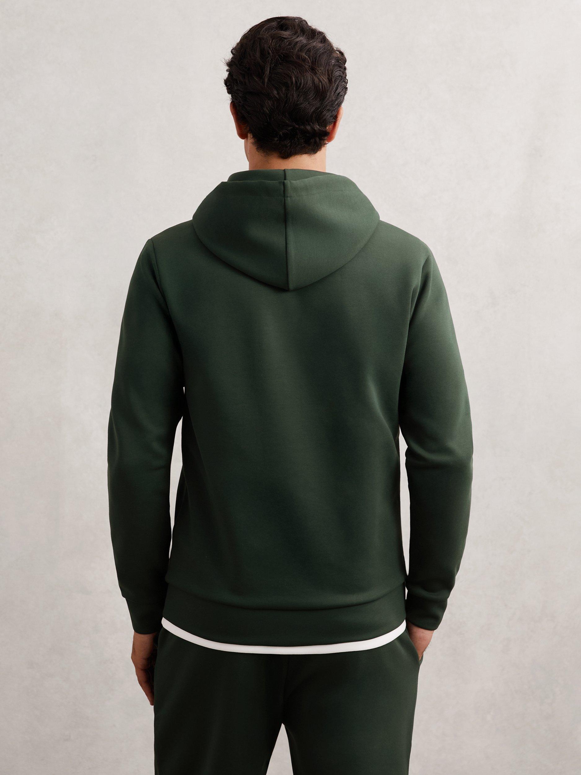 Product image 2 of 5, which shows Reiss Fabien Interlock Jersey Drawstring Hoodie, Dark Sage Green, S