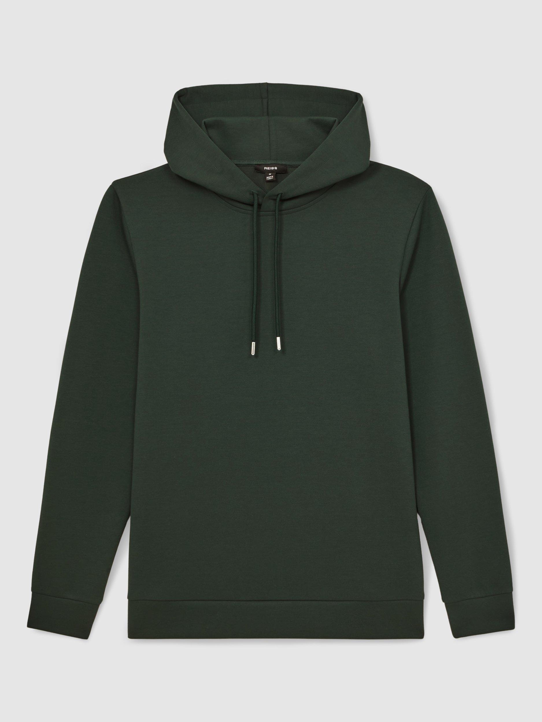 Product image 3 of 5, which shows Reiss Fabien Interlock Jersey Drawstring Hoodie, Dark Sage Green, S
