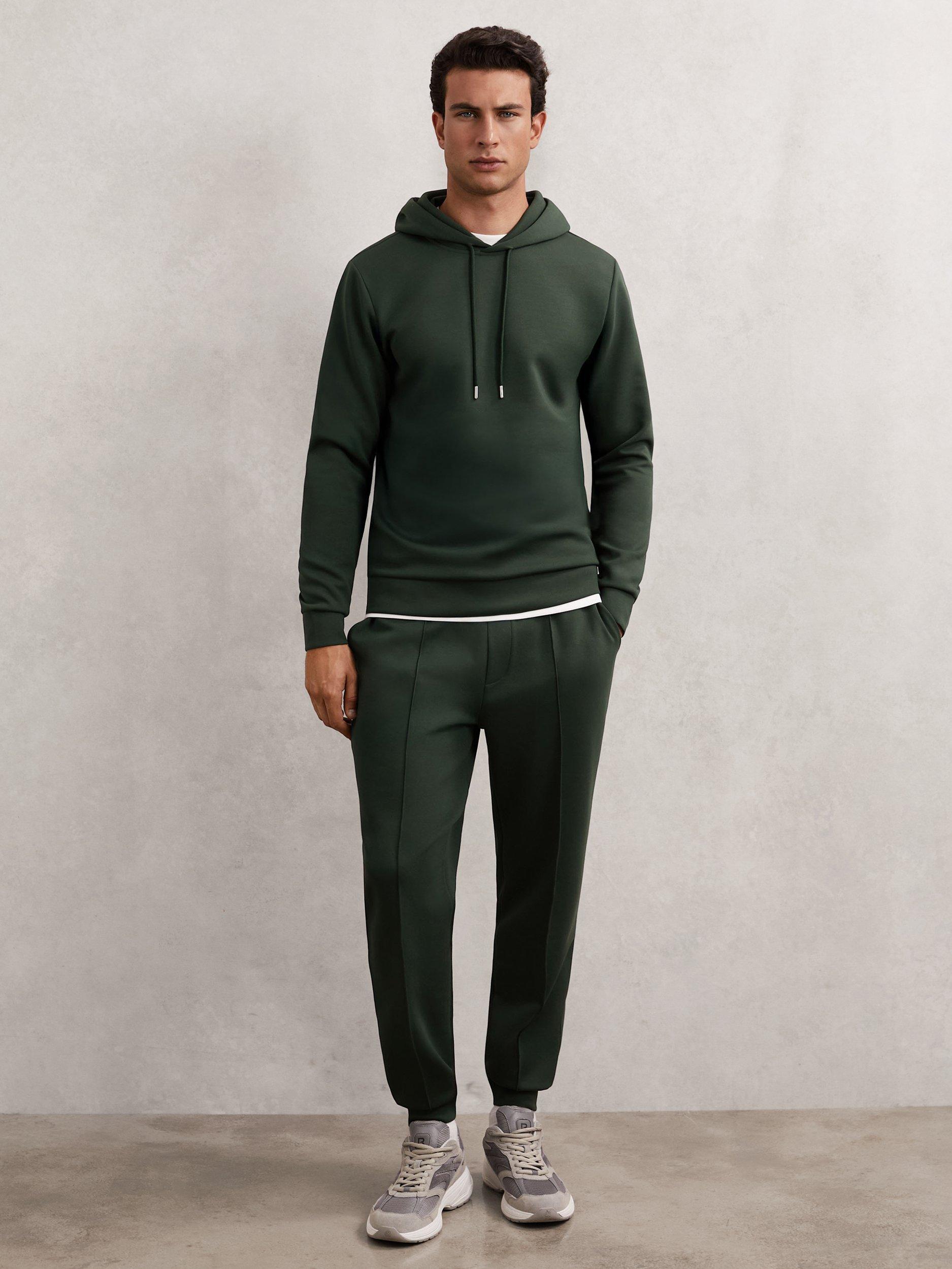 Product image 4 of 5, which shows Reiss Fabien Interlock Jersey Drawstring Hoodie, Dark Sage Green, S