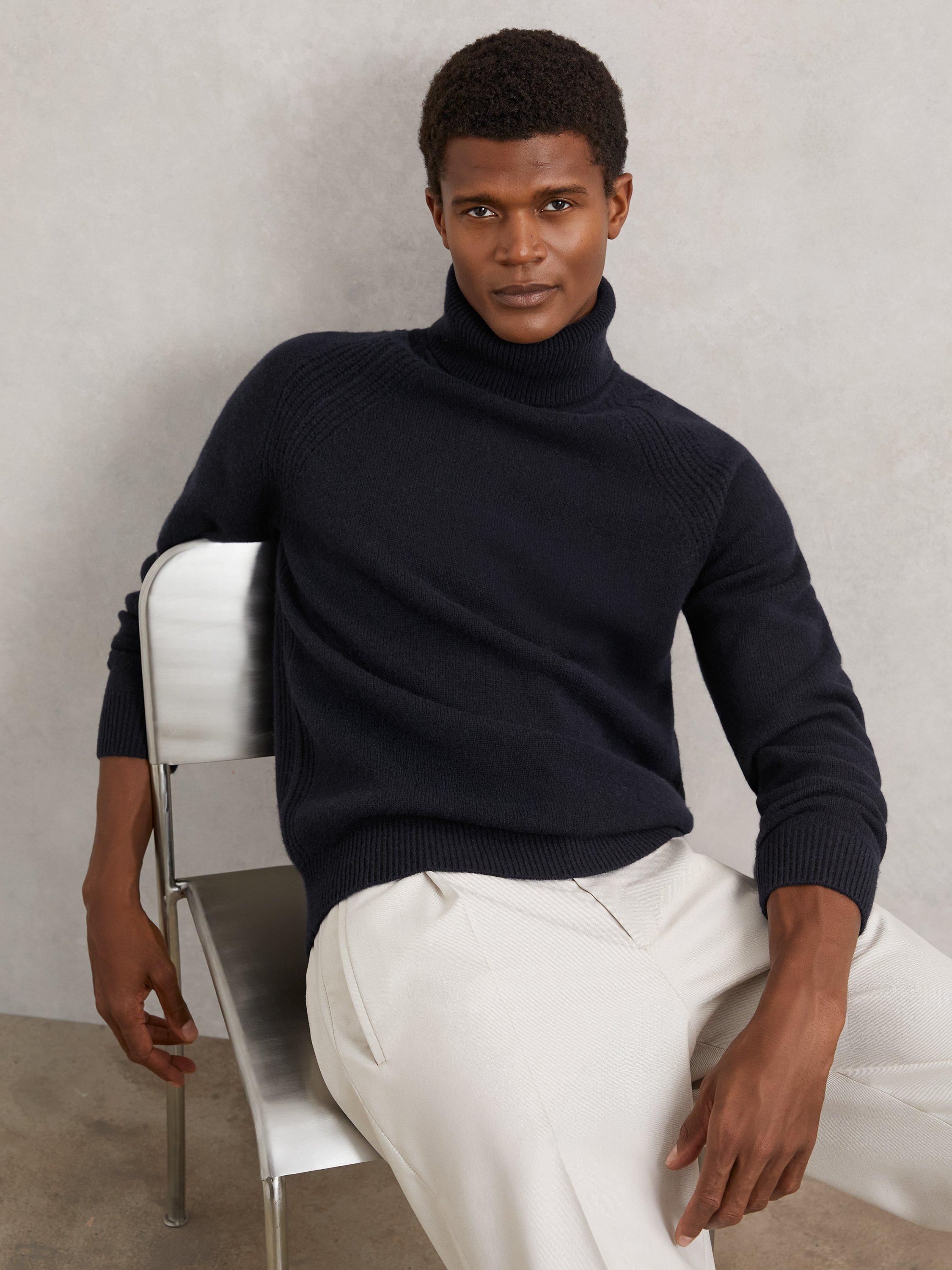 Product image 1 of 5, which shows Reiss Gosforth Wool Rich Roll Neck Jumper, Navy, M