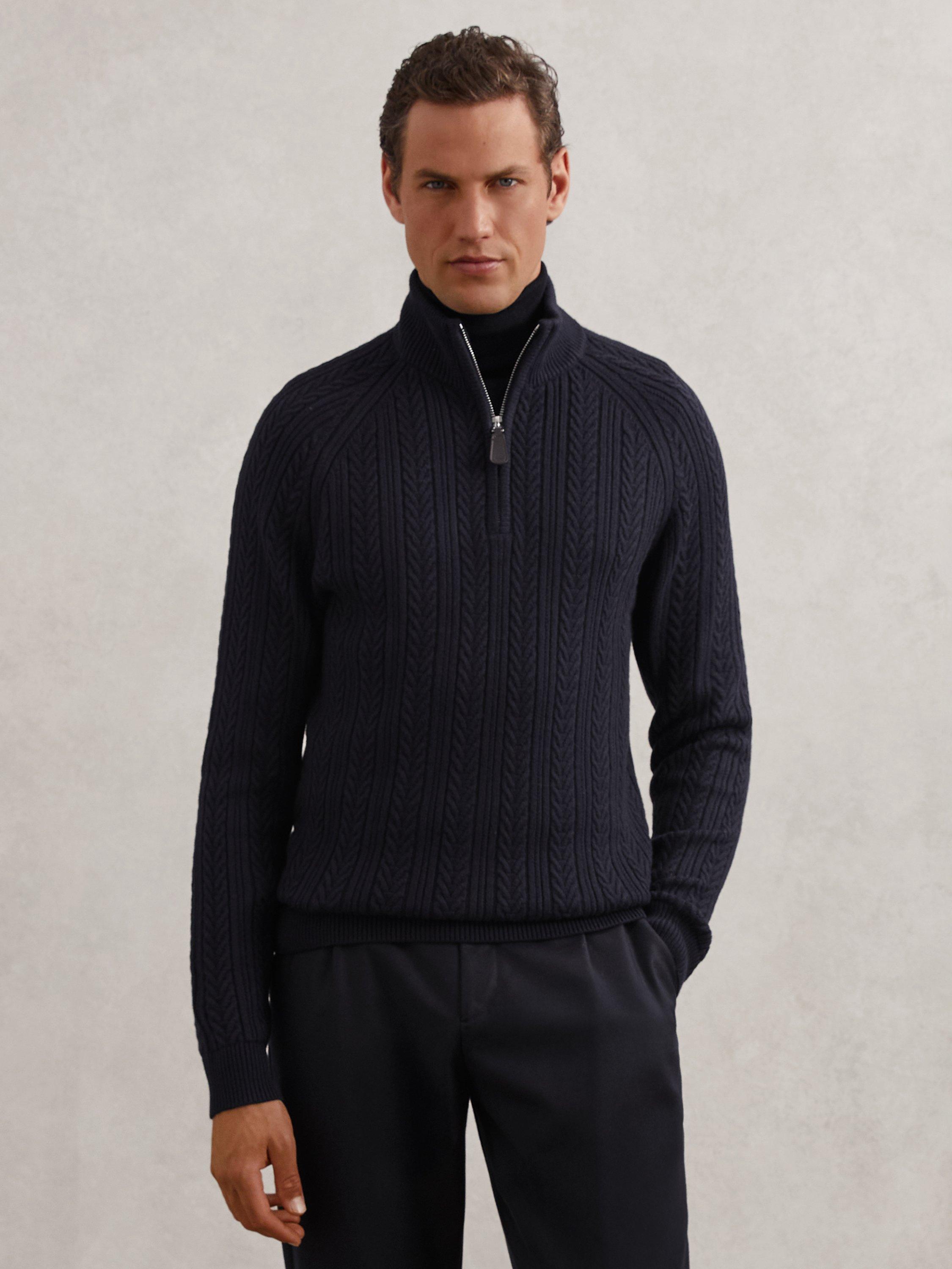 Product image 1 of 5, which shows Reiss Loxley Zip Neck Jumper, Navy, XS
