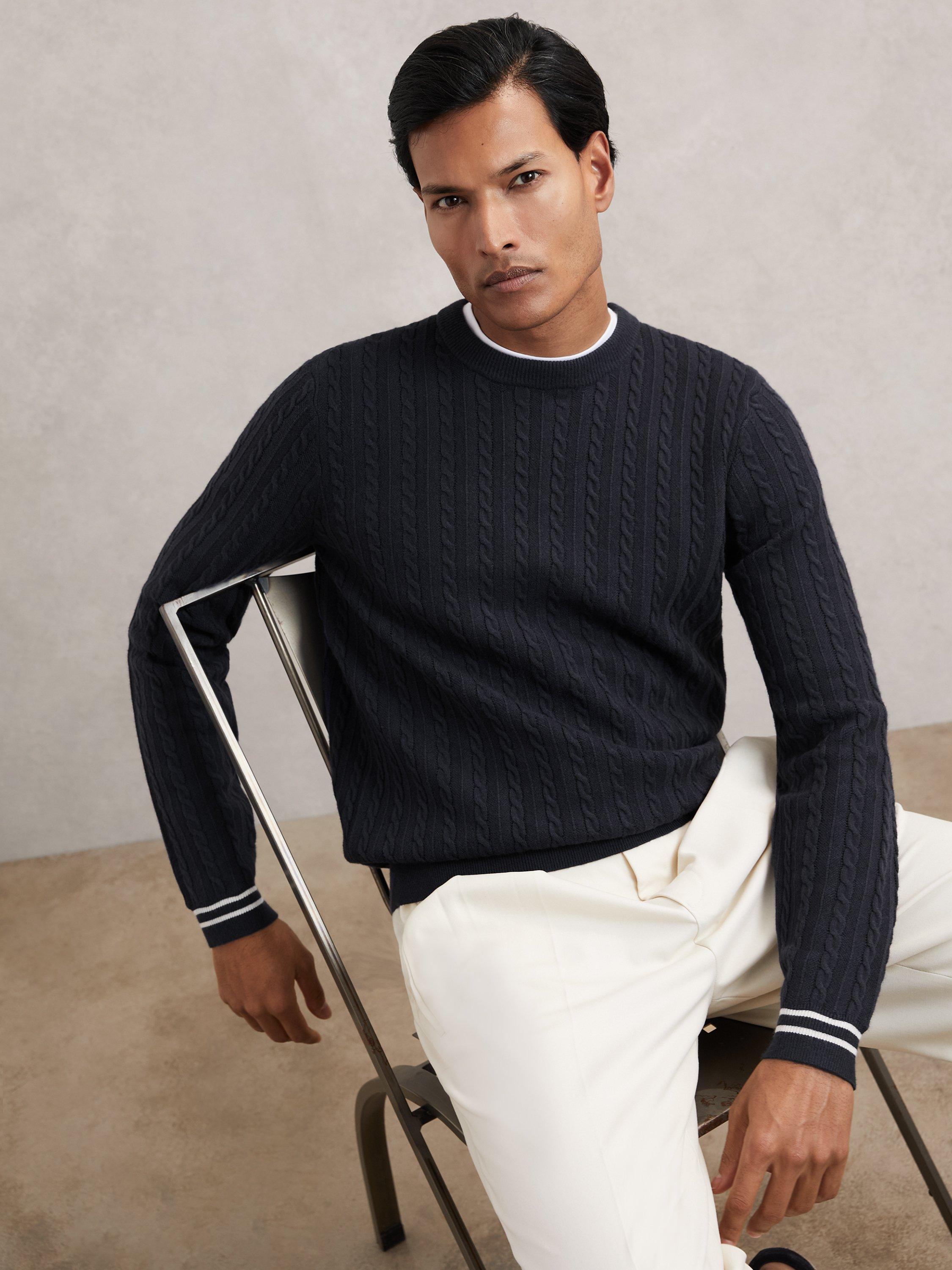 Product image 1 of 5, which shows Reiss Luca Wool Blend Cable Knit Jumper, Midnight Navy, M