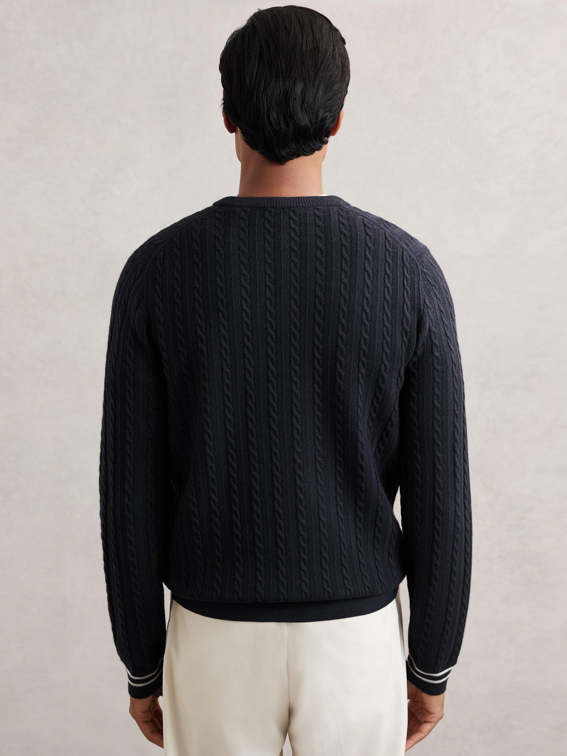Product image 2 of 5, which shows Reiss Luca Wool Blend Cable Knit Jumper, Midnight Navy, M