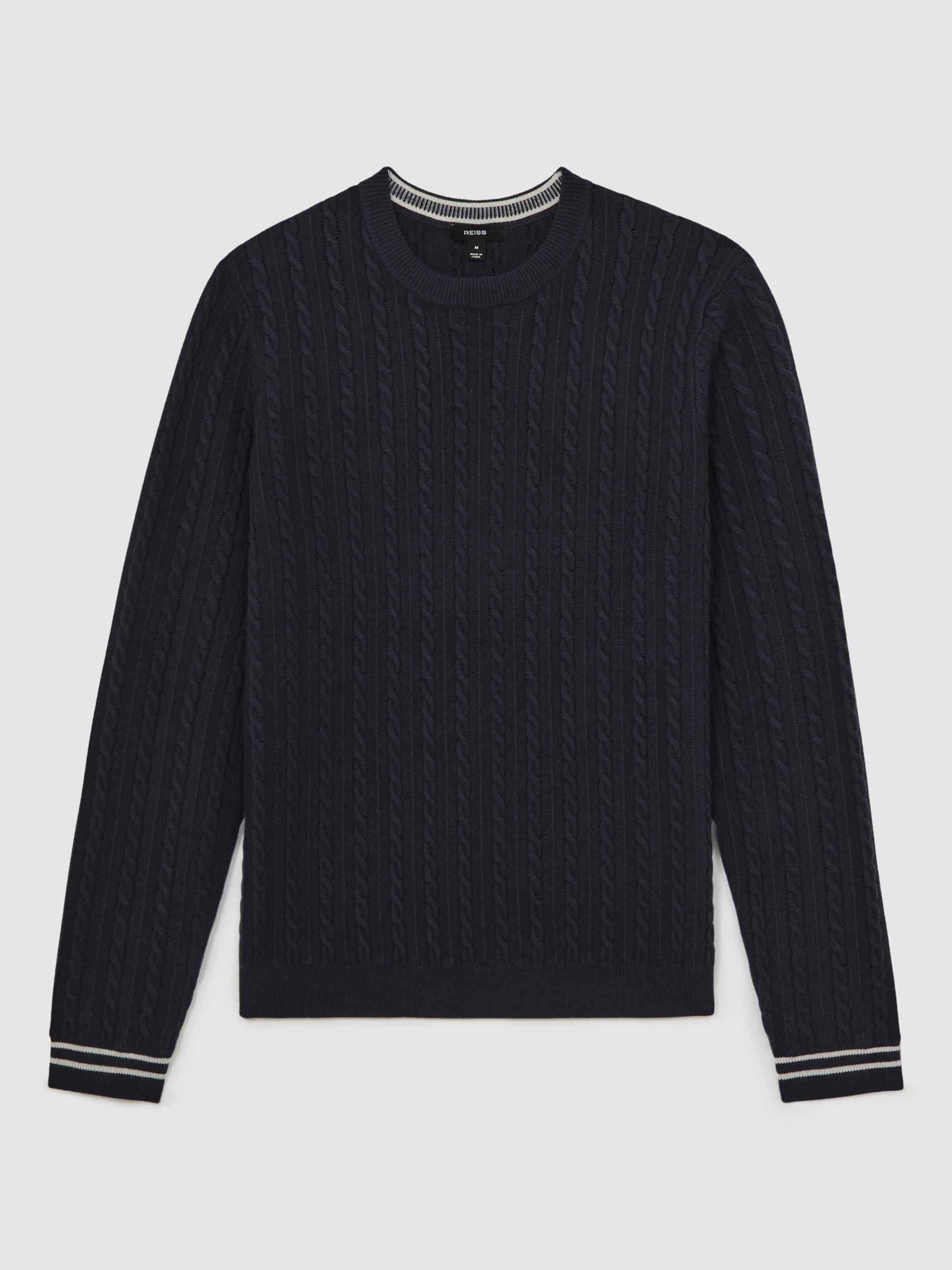 Product image 3 of 5, which shows Reiss Luca Wool Blend Cable Knit Jumper, Midnight Navy, M