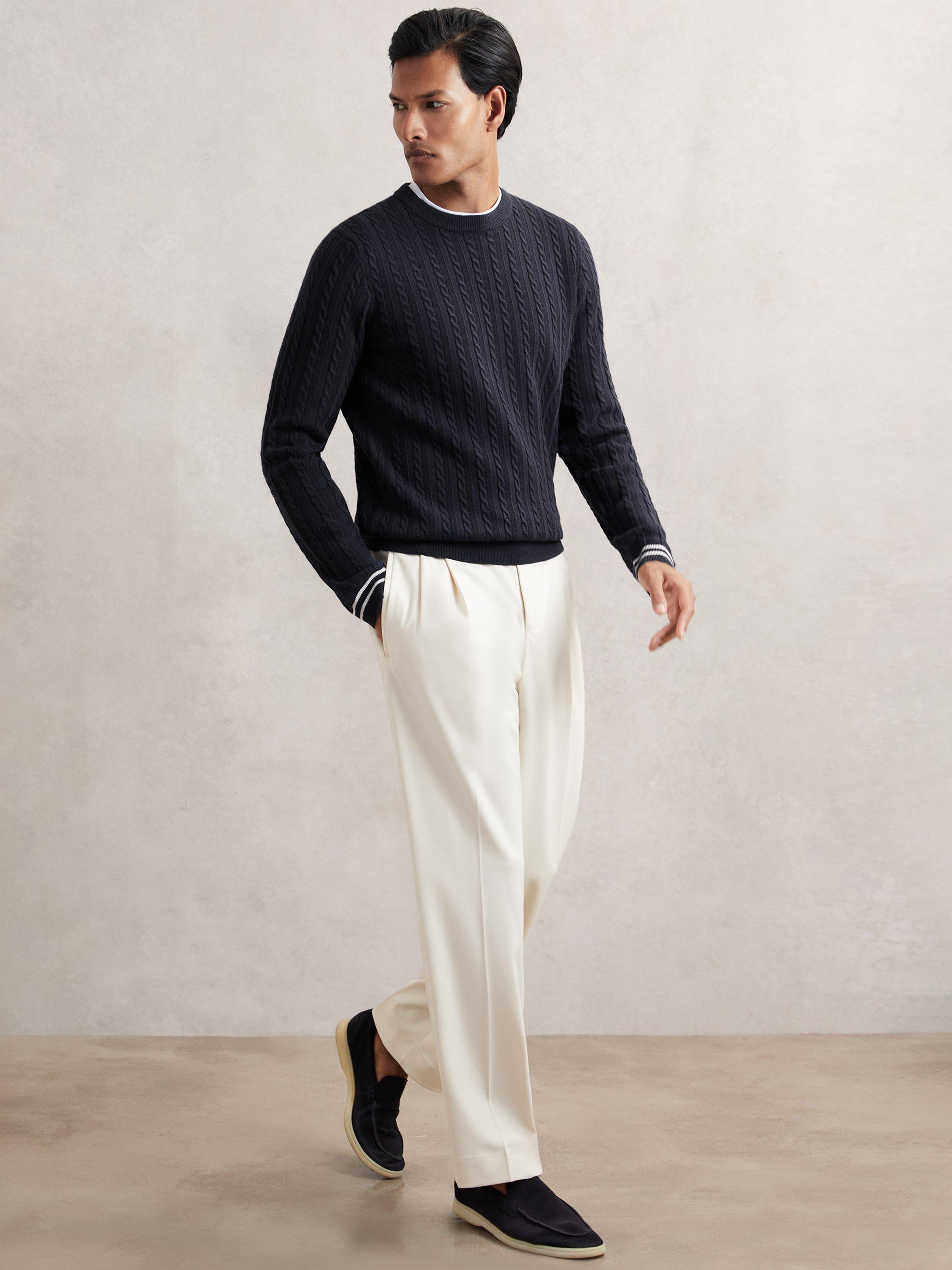 Product image 5 of 5, which shows Reiss Luca Wool Blend Cable Knit Jumper, Midnight Navy, M