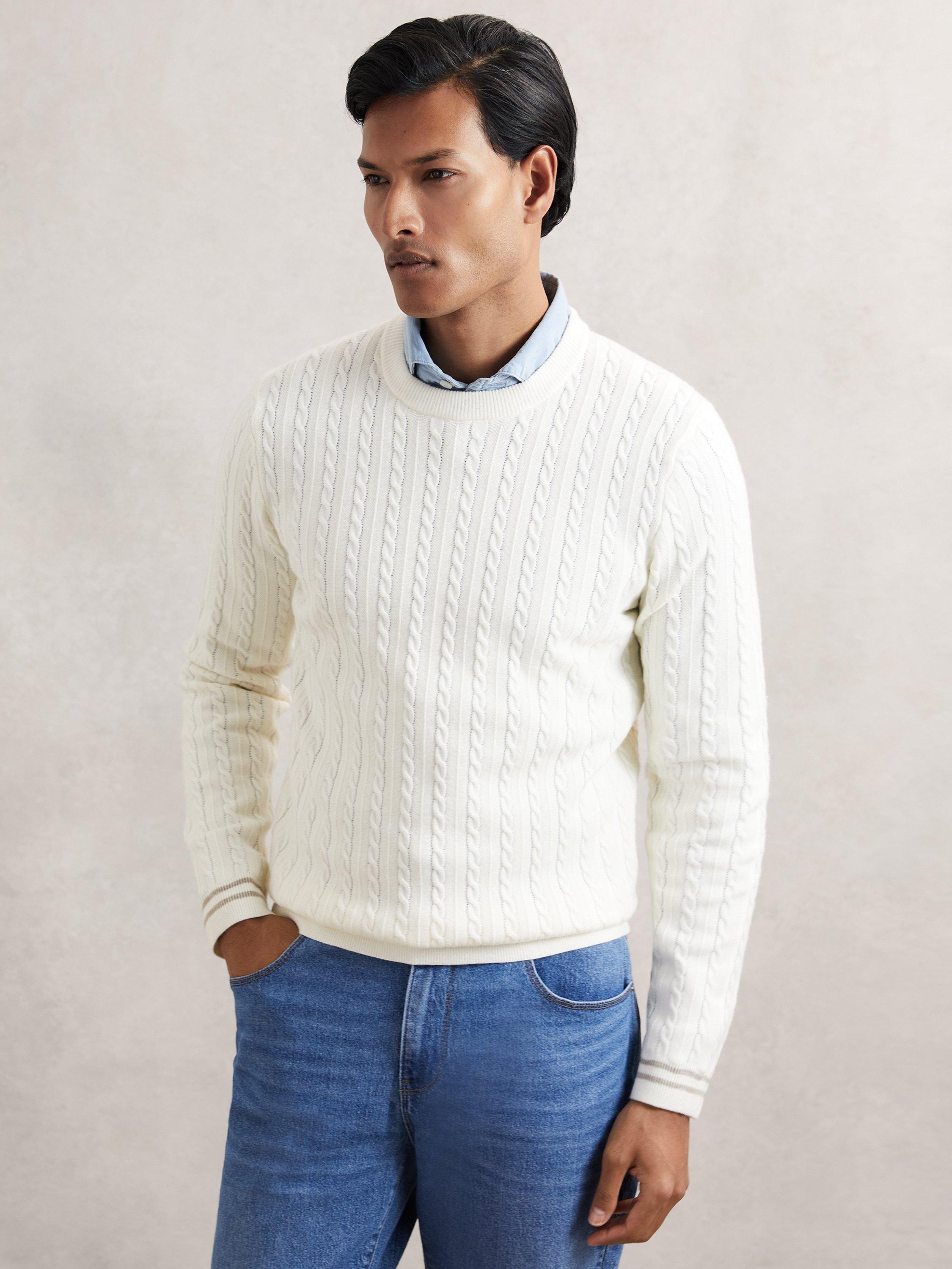 Product image 1 of 5, which shows Reiss Luca Wool Blend Cable Knit Jumper, White, XS