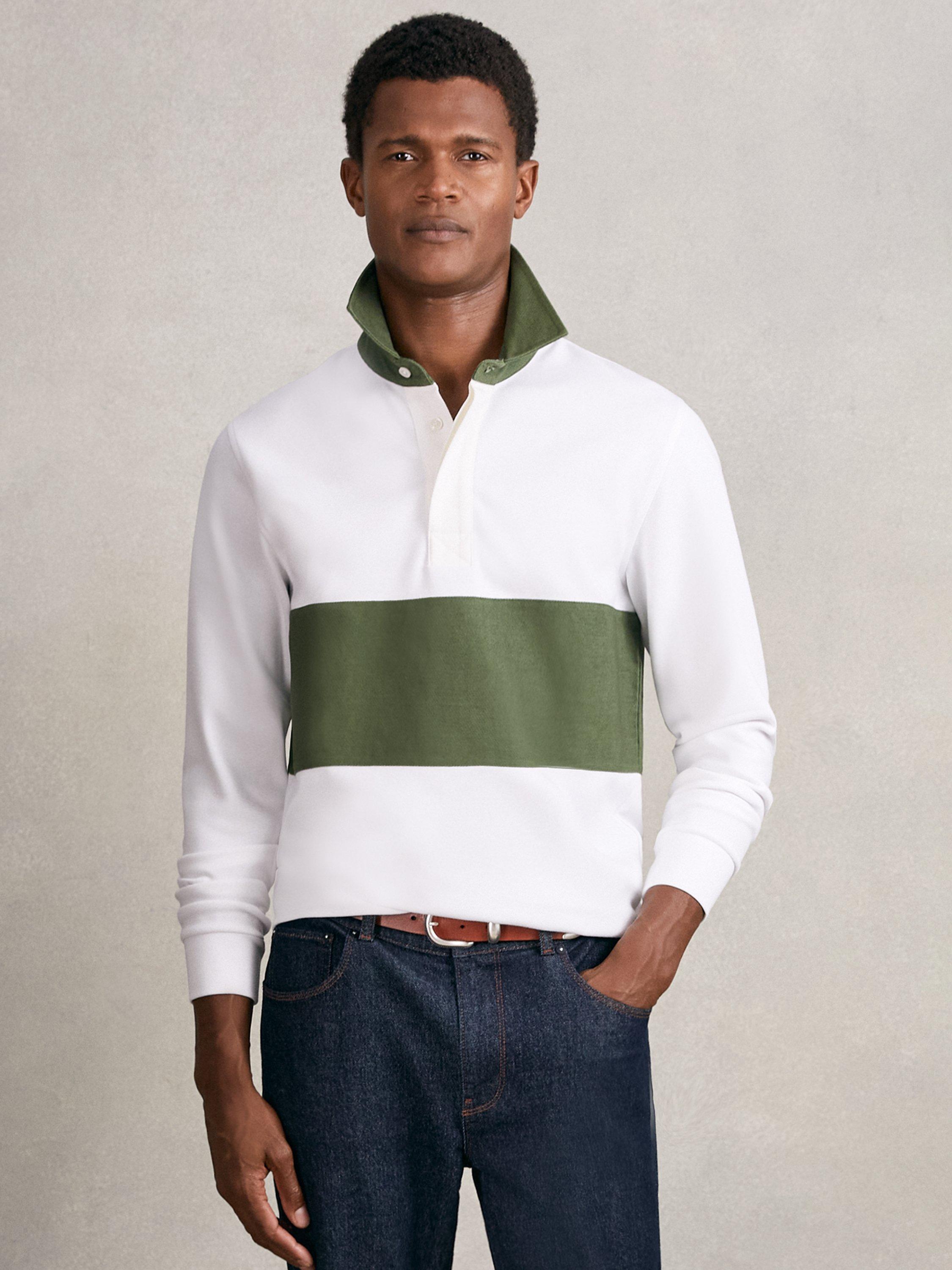 Product image 1 of 5, which shows Reiss Mason Cotton Rugby Shirt, White/Green, M