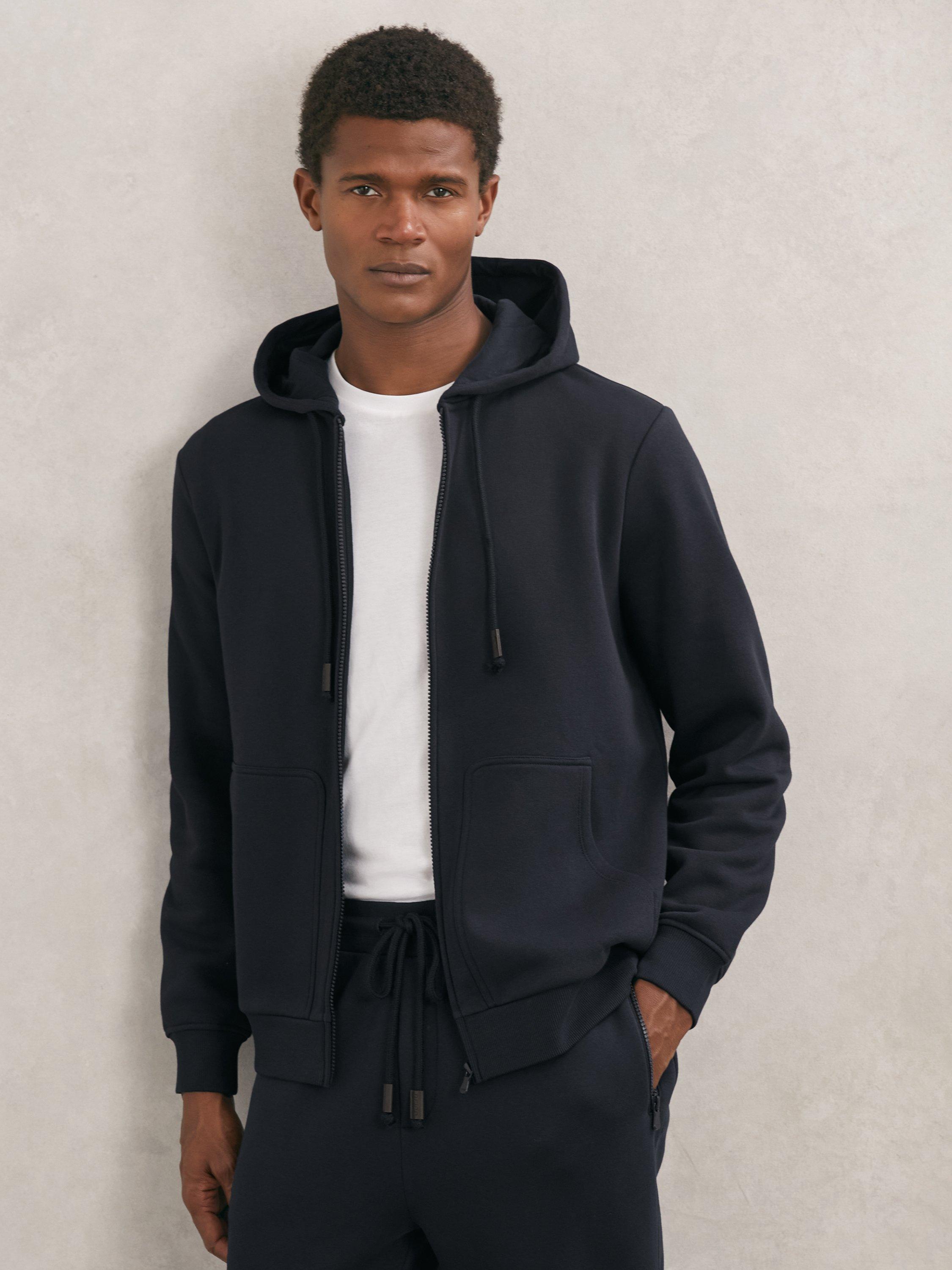 Product image 1 of 5, which shows Reiss Howel Zip Front Cotton Blend Hoodie, Navy, XS