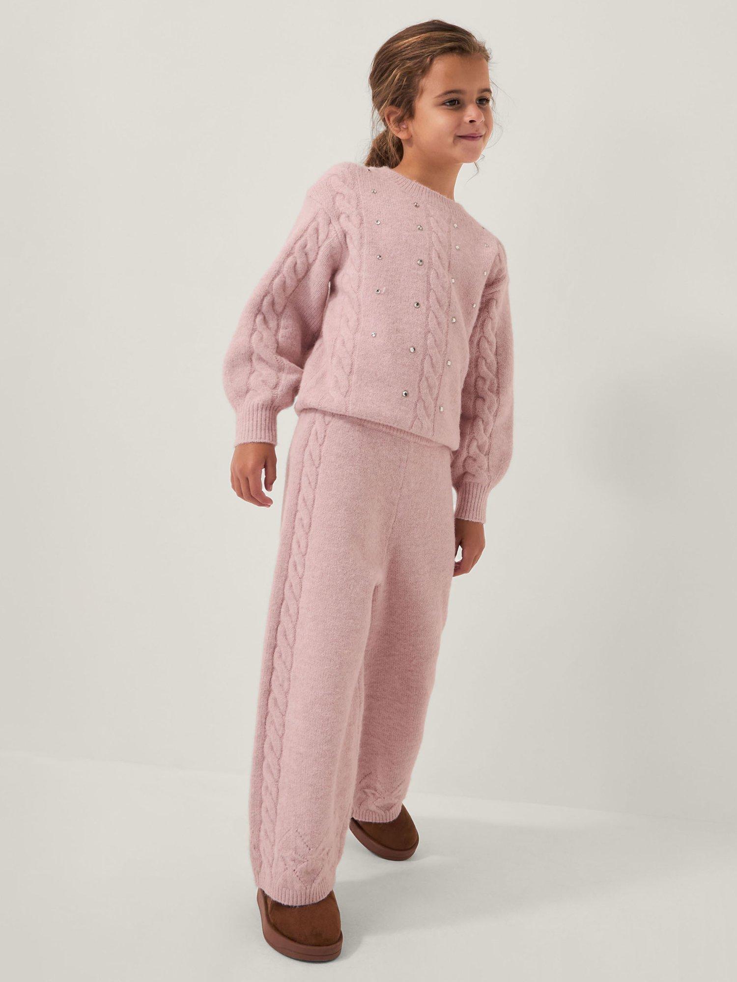 Product image 1 of 4, which shows Monsoon Kids' Rhinestone Cable Knit Jumper, Pink, 3-4 years