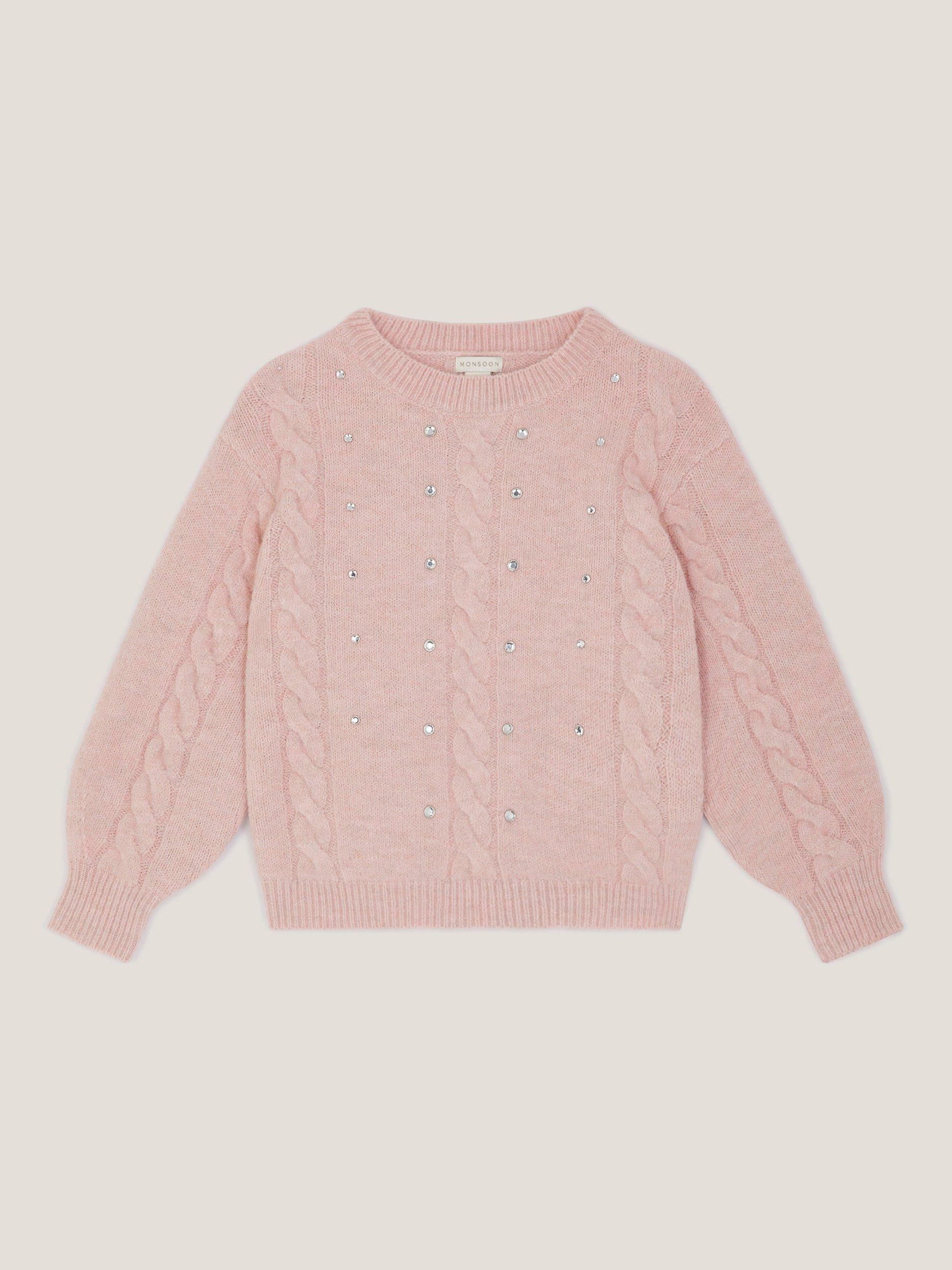 Product image 2 of 4, which shows Monsoon Kids' Rhinestone Cable Knit Jumper, Pink, 3-4 years