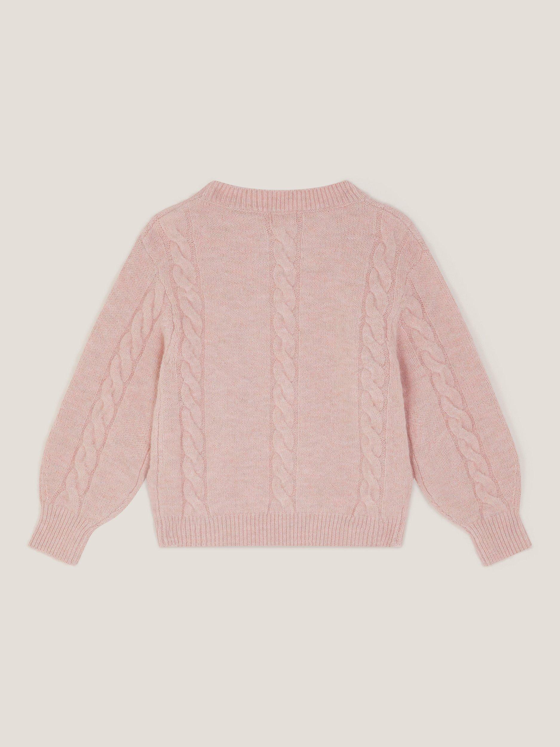 Product image 3 of 4, which shows Monsoon Kids' Rhinestone Cable Knit Jumper, Pink, 3-4 years