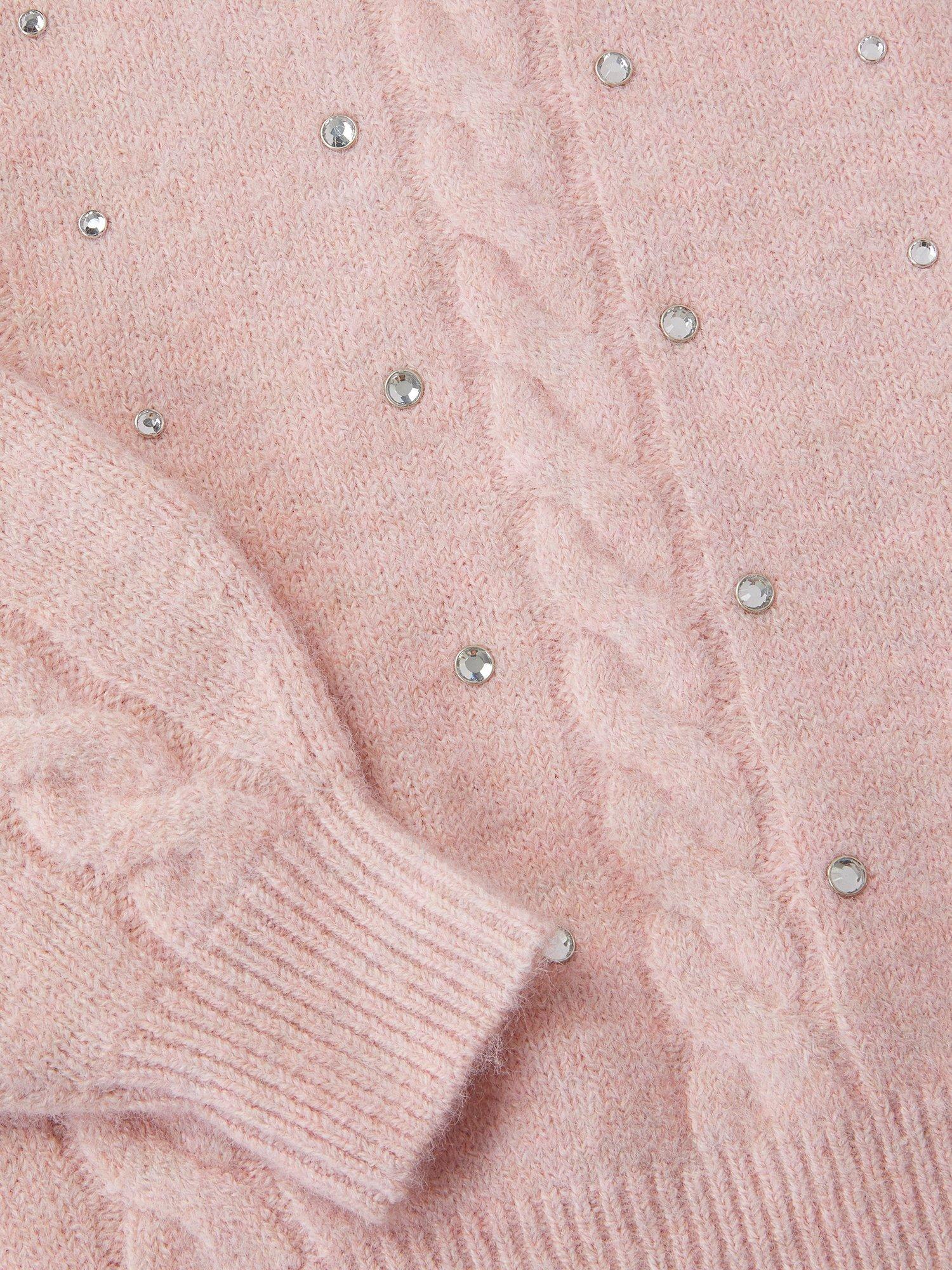 Product image 4 of 4, which shows Monsoon Kids' Rhinestone Cable Knit Jumper, Pink, 3-4 years