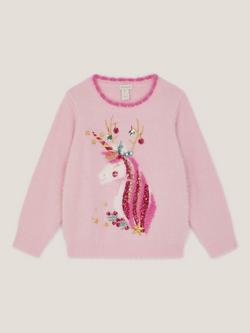 Monsoon Kids' Unicorn Fuzzy Christmas Jumper, Pink - view 2, Pink