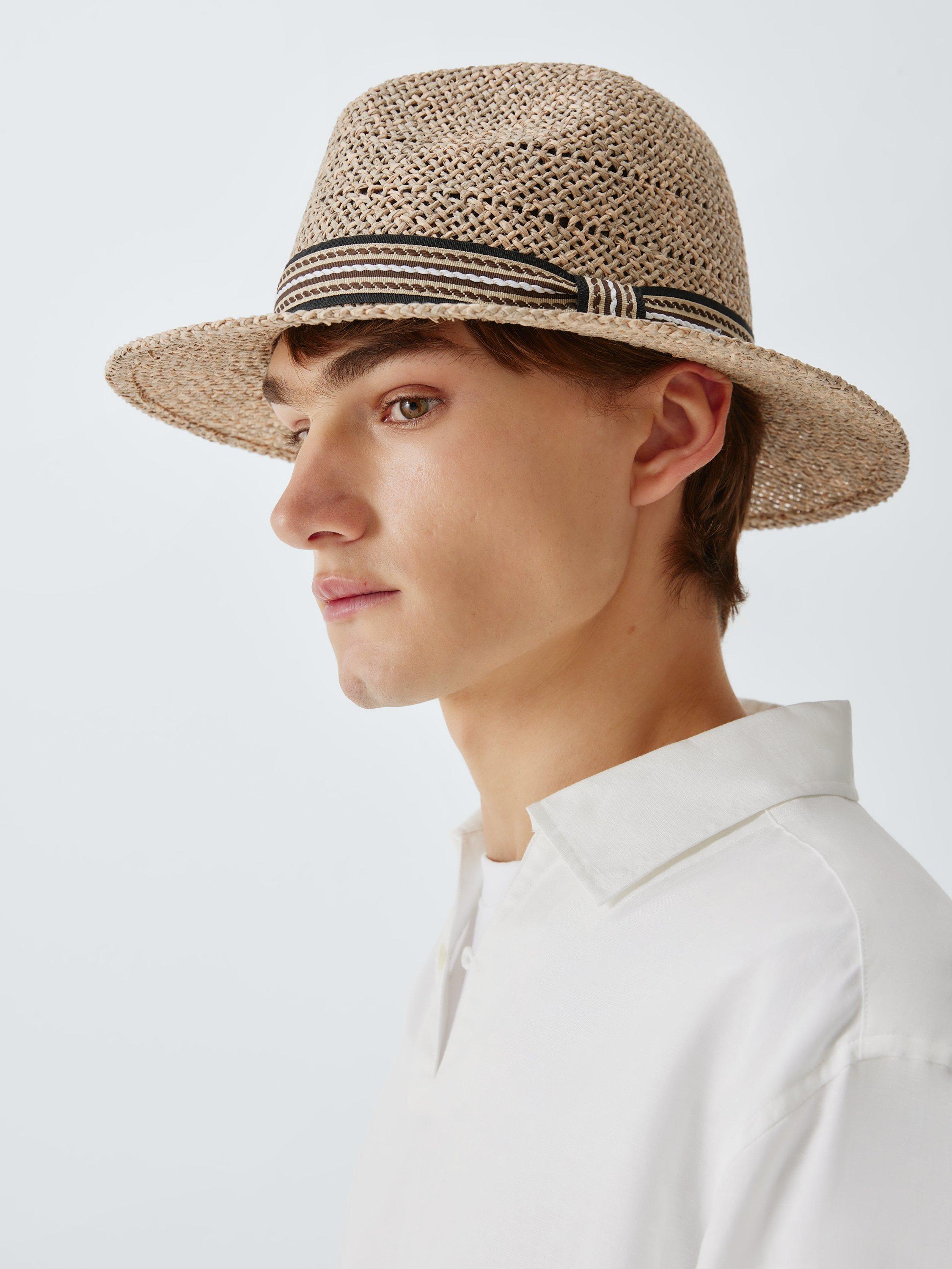 Product image 1 of 4, which shows John Lewis Patterned Band Paper Straw Fedora Hat, Natural, S-M