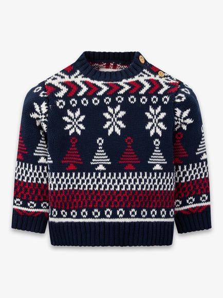 The Little Tailor Baby Cotton Fair Isle Jumper, Navy/Red/Cream, Navy/Red/Cream