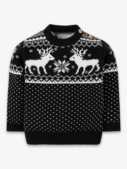 The Little Tailor Baby Cotton Reindeer Fair Isle Jumper, Black, Black