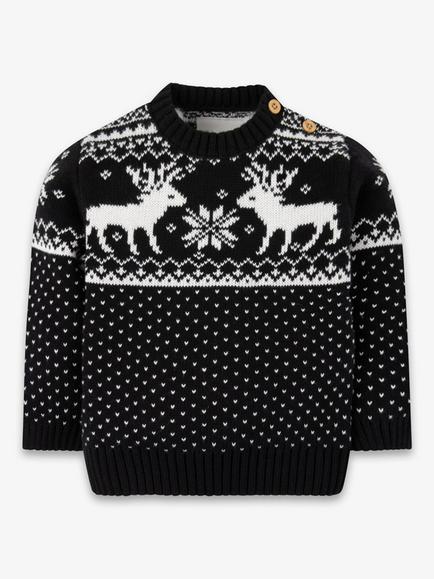 The Little Tailor Baby Cotton Reindeer Fair Isle Jumper, Black, Black