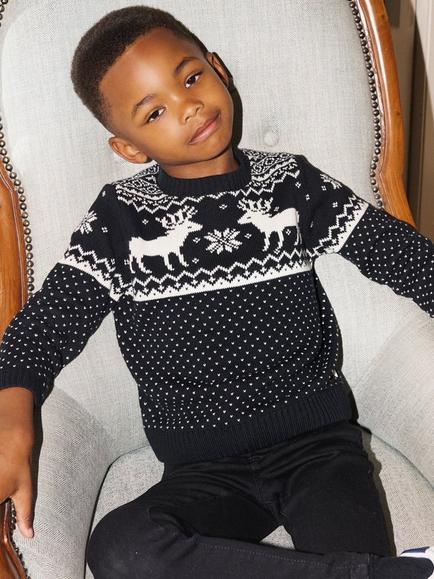 The Little Tailor Kids' Cotton Reindeer Fair Isle Jumper, Black, Black
