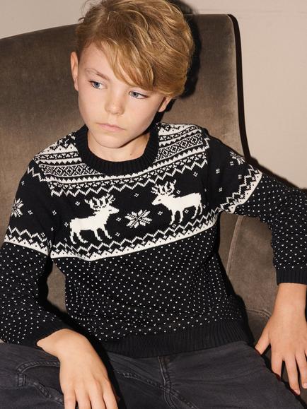 The Little Tailor Kids' Cotton Reindeer Fair Isle Jumper, Black - view 2, Black