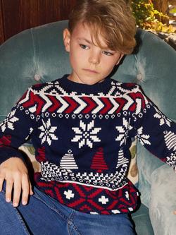 The Little Tailor Kids' Cotton Fair Isle Jumper,  Navy/Red/Cream, Navy/Red/Cream