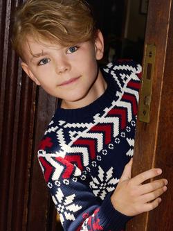 The Little Tailor Kids' Cotton Fair Isle Jumper,  Navy/Red/Cream - view 2, Navy/Red/Cream