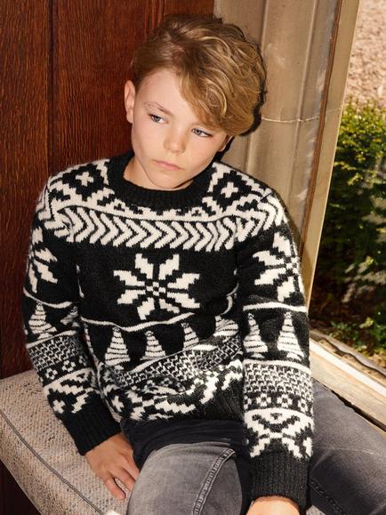 The Little Tailor Kids' Two Tone Festive Fair Isle Jumper, Black/Cream