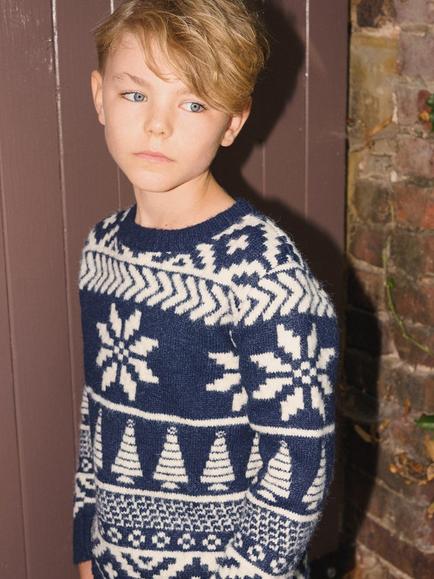 The Little Tailor Kids' Two Tone Festive Fair Isle Jumper - view 2, Navy/Cream