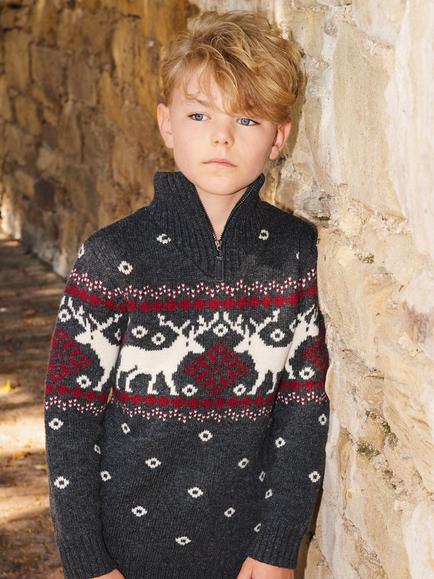 The Little Tailor Kids' Wool Blend Fair Isle Zip Neck Jumper, Charcoal, Charcoal