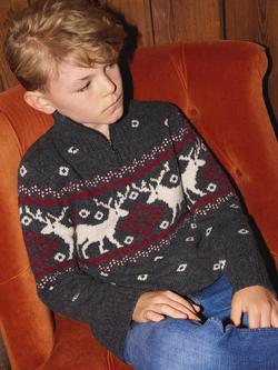 The Little Tailor Kids' Wool Blend Fair Isle Zip Neck Jumper, Charcoal - view 2, Charcoal