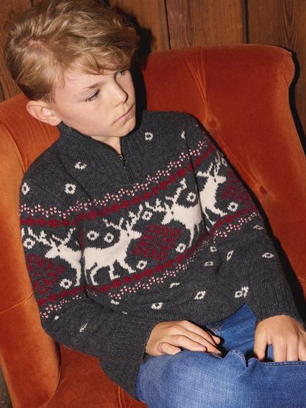 The Little Tailor Kids' Wool Blend Fair Isle Zip Neck Jumper, Charcoal - view 2, Charcoal