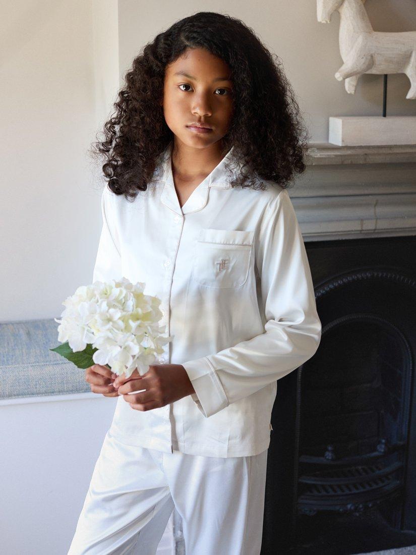 Product image 1 of 11, which shows The Little Tailor Kids' Satin Pyjama Set, Cream, 2-3 years