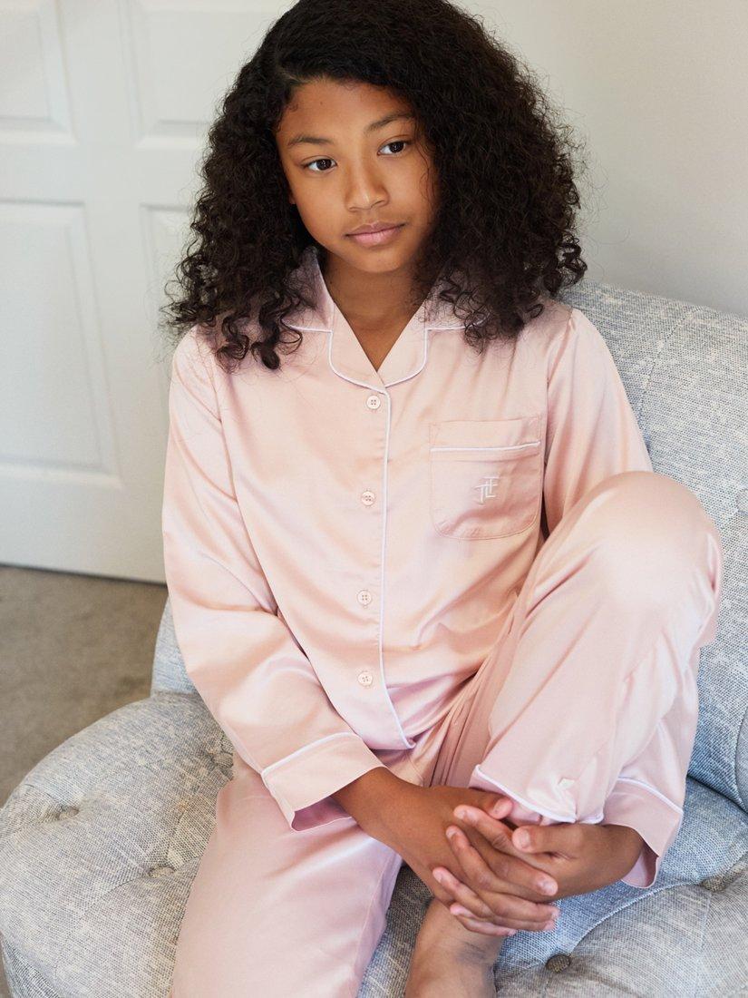 Product image 3 of 10, which shows The Little Tailor Kids' Satin Pyjama Set, Pink, 2-3 years