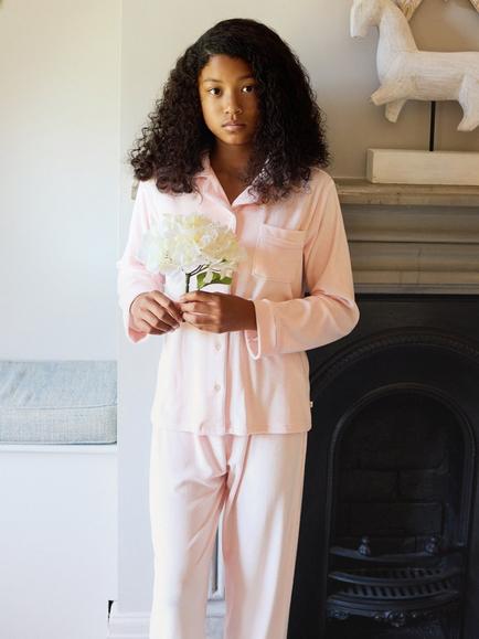 The Little Tailor Kids' Velour Pyjama Set, Pink - view 2, Pink