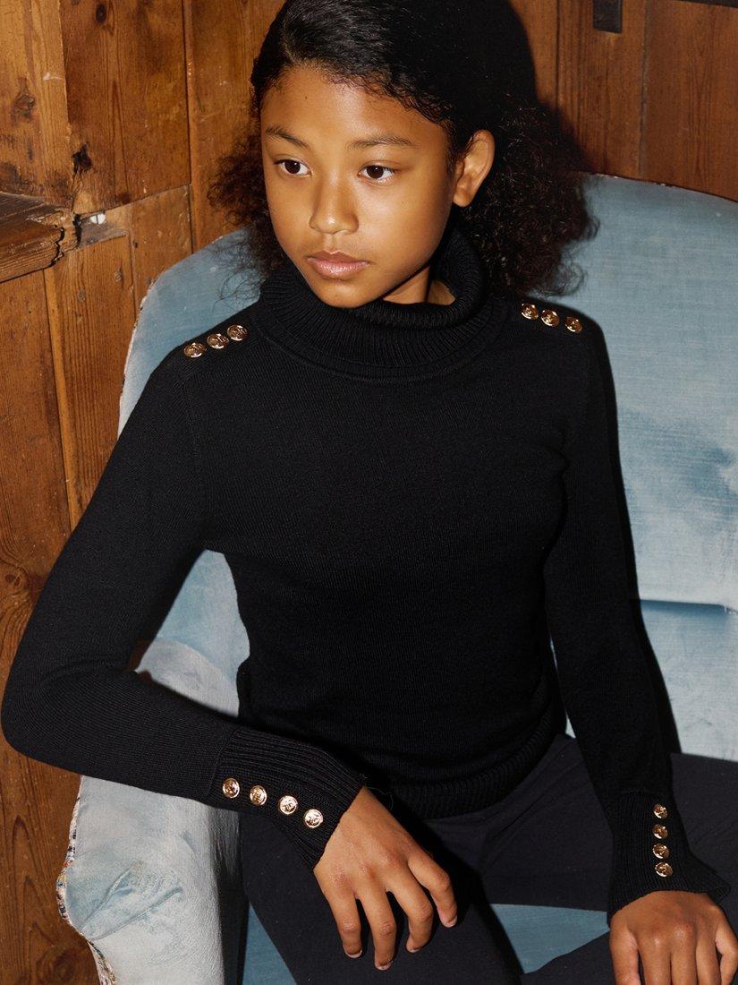 Product image 1 of 7, which shows The Little Tailor Kids' Button Trim Jumper, Black, 8-9 years