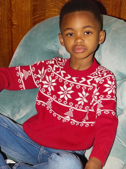 The Little Tailor Kids' Cotton Fair Isle Jumper, Red/Cream - view 2, Red/Cream