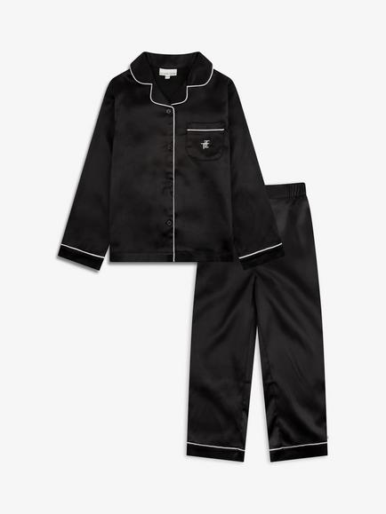 The Little Tailor Kids' Satin Pyjama Set, Black, Black