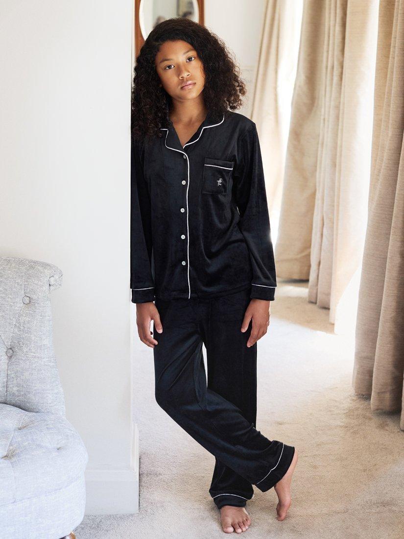 Product image 2 of 10, which shows The Little Tailor Kids' Satin Pyjama Set, Black, 6-7 years