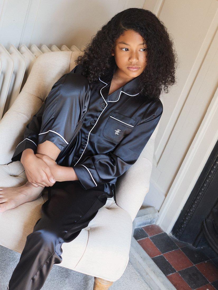 Product image 4 of 10, which shows The Little Tailor Kids' Satin Pyjama Set, Black, 6-7 years