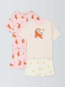 John Lewis Kids' Cat Nap Short Pyjamas, Pack of 2, Pink Multi, Pink Multi