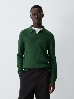 Kin Long Sleeve Textured Cotton Knit Polo Shirt, Dark Green