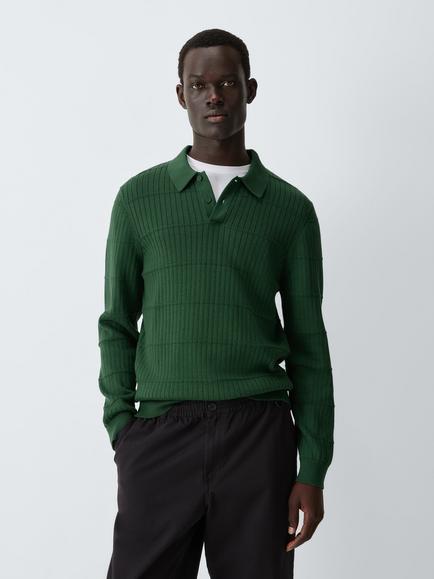 Kin Long Sleeve Textured Cotton Knit Polo Shirt, Dark Green