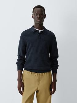 Kin Long Sleeve Textured Cotton Knit Polo Shirt, Dark Sapphire
