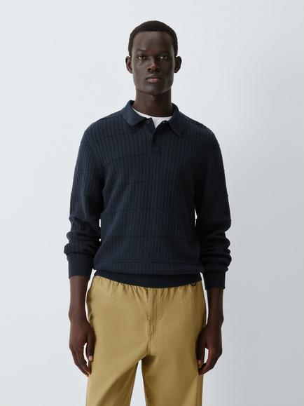 Kin Long Sleeve Textured Cotton Knit Polo Shirt, Dark Sapphire